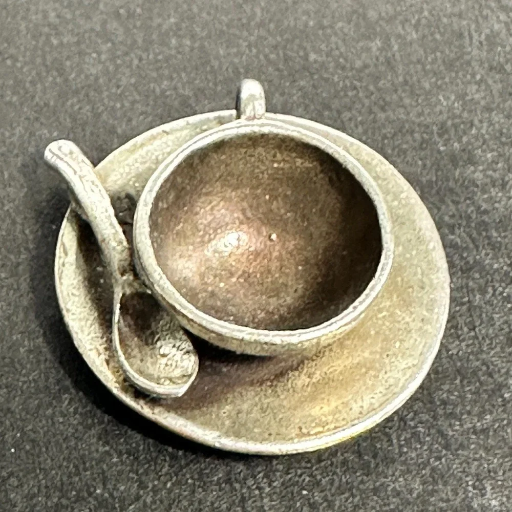 Tea Cup with Saucer and Spoon Vintage .925 Sterling Silver Charm Serving